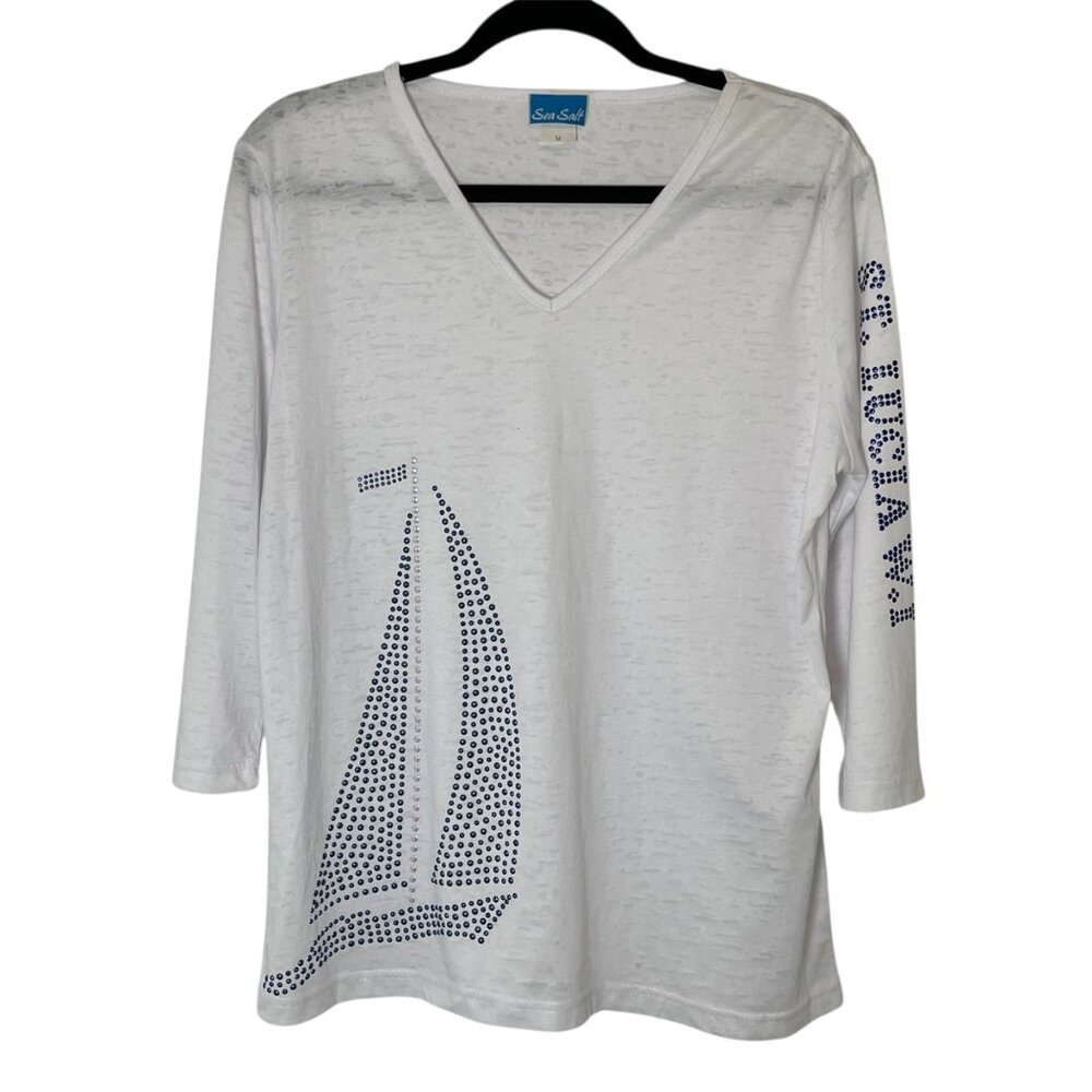 St. Lucia Womens Top Size M Sea Salt White Sail Boat Embellished Vacation Beach